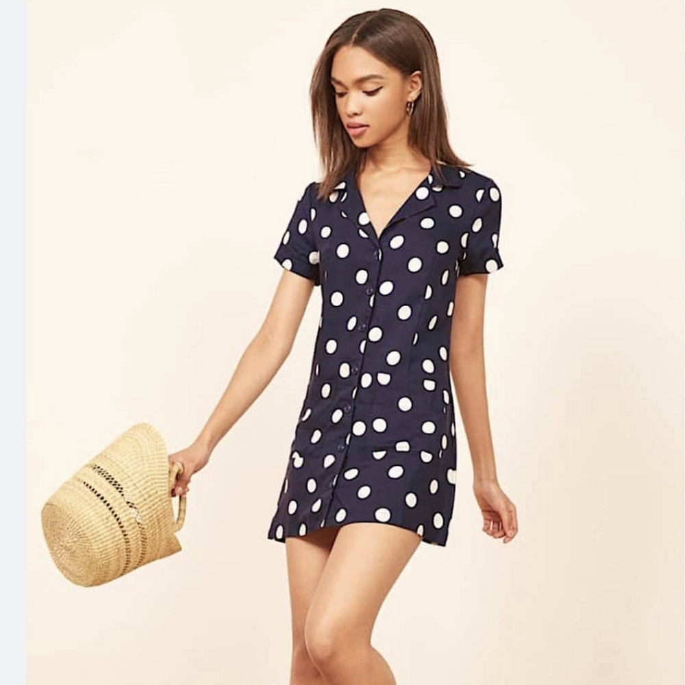 Reformation navy button down dress